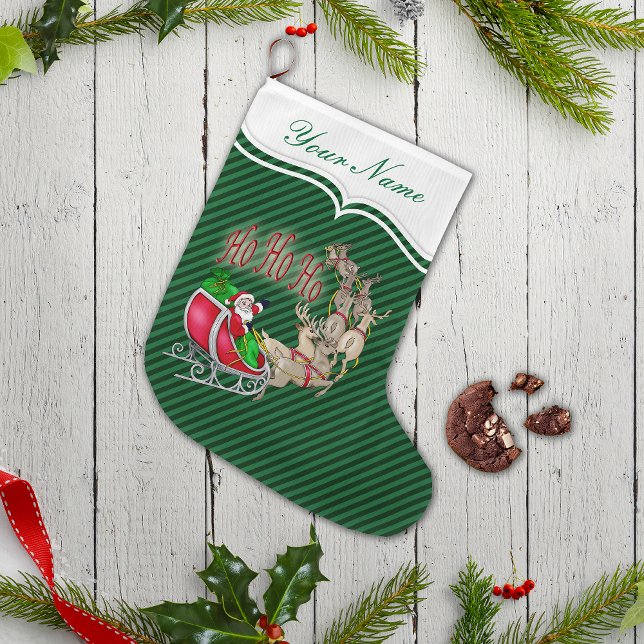 Ho Ho Ho Santa Sleigh Reindeer Personalized Small Christmas Stocking (Personalize with your name!)