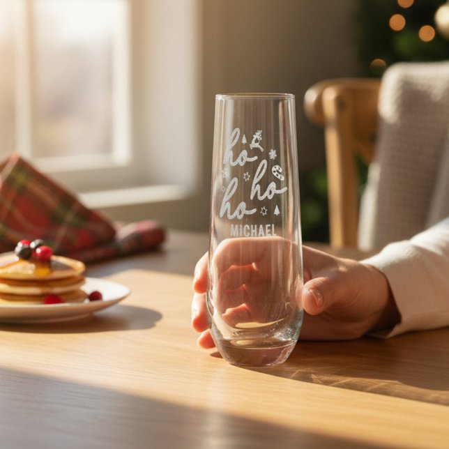 Ho Ho Ho Script Christmas Holiday Personalized Stemless Champagne Flute (Creator Uploaded)
