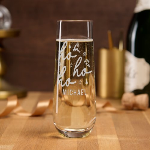 Ho Ho Ho Script Christmas Holiday Personalized Stemless Champagne Flute