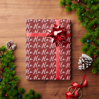 Ho Ho Ho Script Pattern White on Red Christmas Wrapping Paper