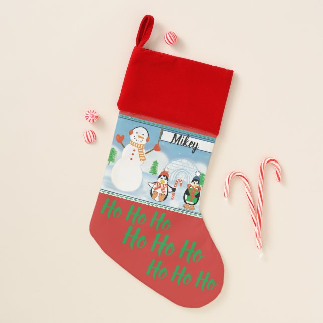 Ho Ho Ho Snowman and Penguin Christmas Stocking (Front)