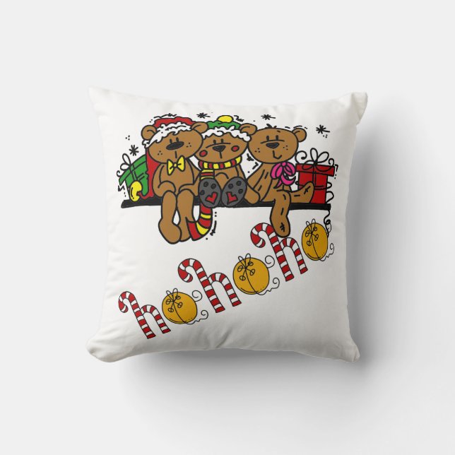 Ho Ho Ho Teddy Bears Throw Pillow (Front)