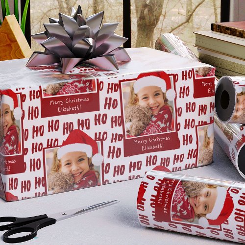 Ho Ho Ho Text Holiday Pattern w Photo Christmas v2 Wrapping Paper