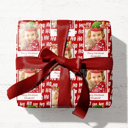 Ho Ho Ho Text Holiday Pattern w Photo Christmas Wrapping Paper
