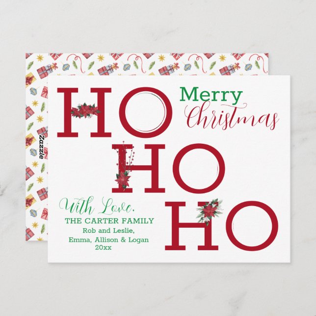 HO HO HO Three Photo Personalized  Holiday Card (Front/Back)