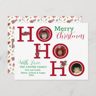 HO HO HO Three Photo Personalized Holiday Card