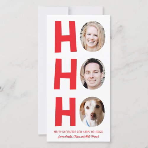 Ho Ho Ho Three Photo Skinny Holiday Card red white