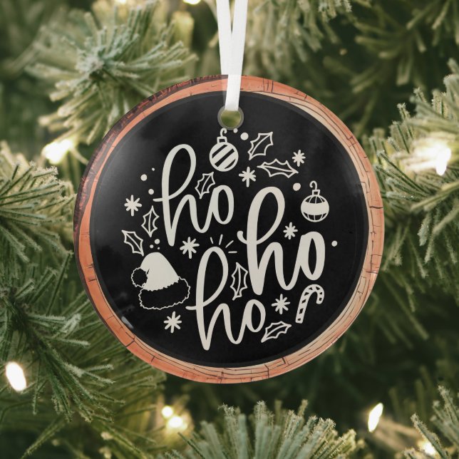 Ho Ho Ho Typography Keepsake Tree Glass Ornament (Insitu)