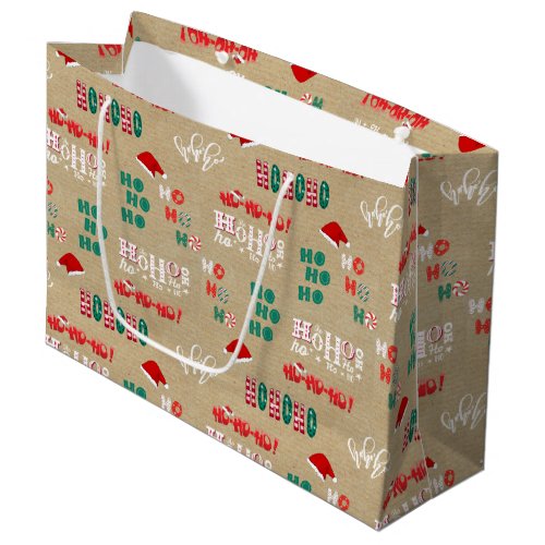 Ho Ho Ho Vintage Brown Kraft Paper Christmas Large Gift Bag