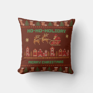 Ho-Ho-Holiday Knit Look Santa Sleigh Christmas Throw Pillow