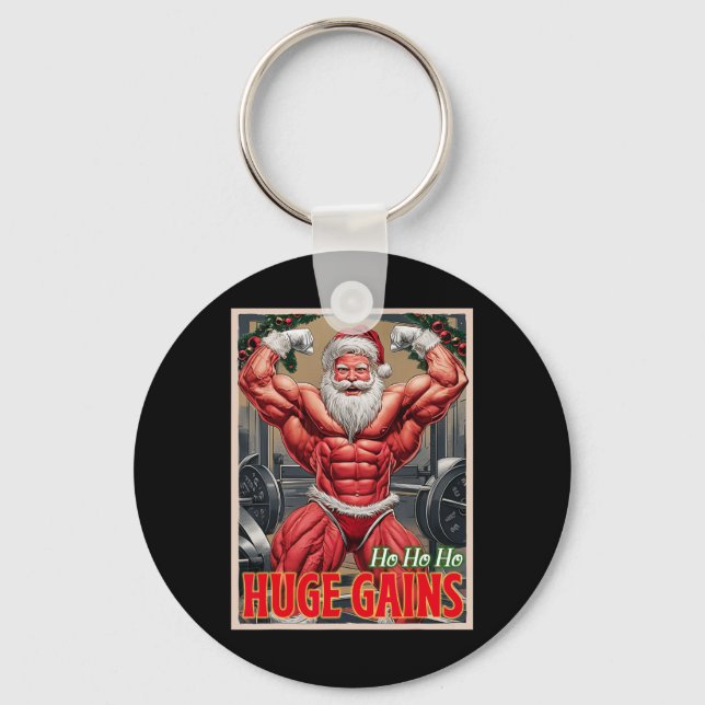 Ho Ho Huge Gains Pumping Bodybuilder Santa Christm Keychain (Front)