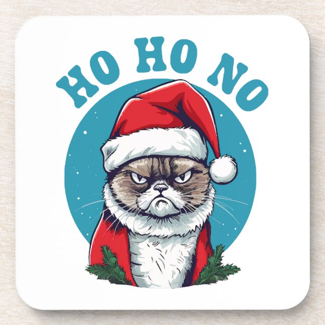 Ho ho no - funny grumpy santa cat beverage coaster (Front)
