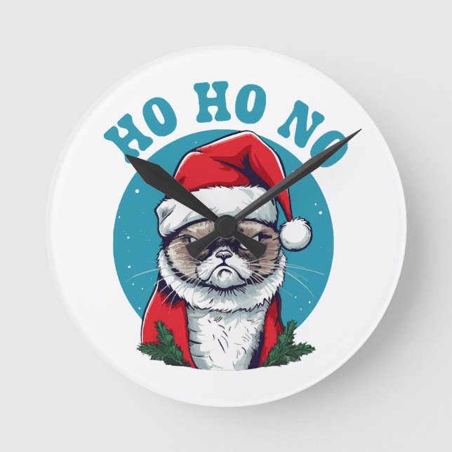 Ho ho no - funny grumpy santa cat round clock (Front)