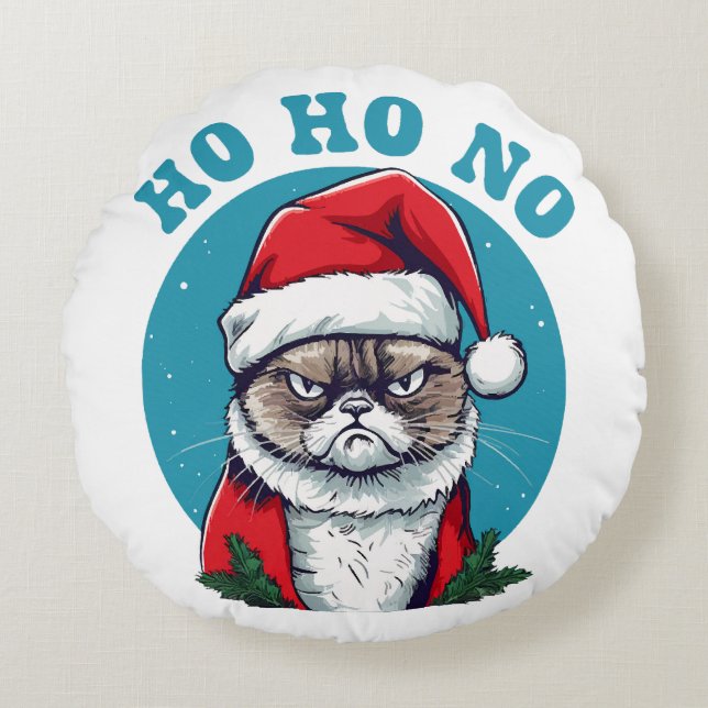 Ho ho no - funny grumpy santa cat round pillow (Front)