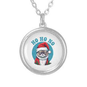 Ho ho no - funny grumpy santa cat silver plated necklace