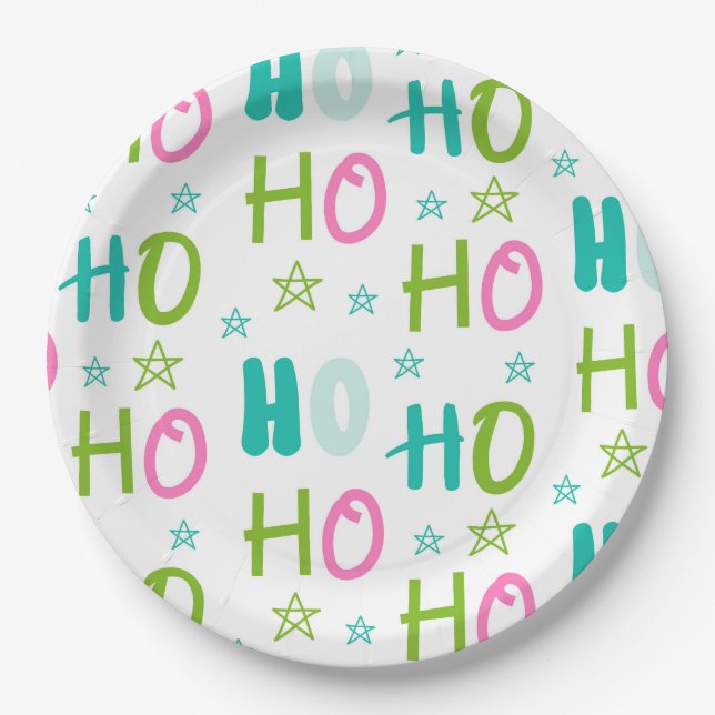 Ho Ho Pink Teal Stars Modern Christmas  Paper Plates (Front)