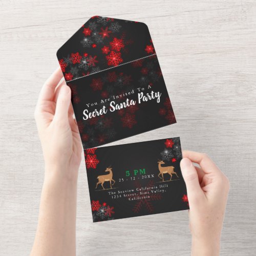 Ho Ho Red Black Snowflakes Christmas Secret Santa All In One Invitation