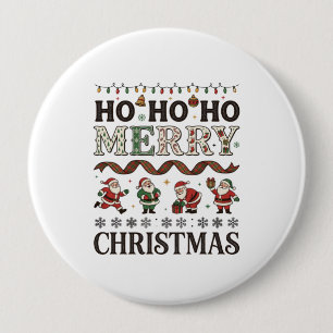 Ho Merry Christmas Santas Plaid Ribbon Button