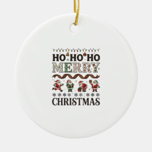 Ho Merry Christmas Santas Plaid Ribbon Ceramic Ornament