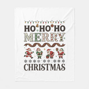 Ho Merry Christmas Santas Plaid Ribbon Fleece Blanket