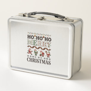 Ho Merry Christmas Santas Plaid Ribbon Metal Lunch Box