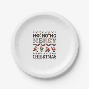 Ho Merry Christmas Santas Plaid Ribbon Paper Plates