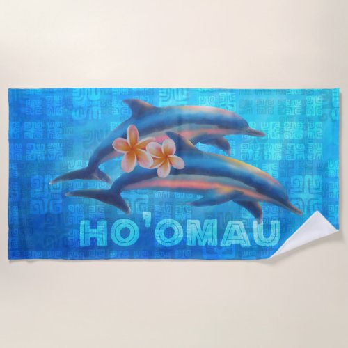 HOâOMAU Hawaiian Dolphins Primitive Collage Beach Towel
