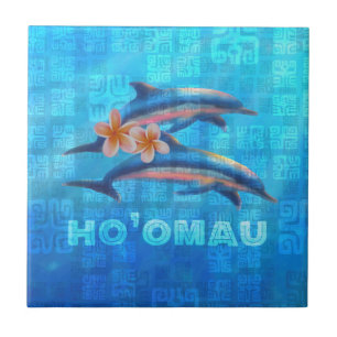 HO’OMAU Hawaiian Dolphins Primitive Collage Ceramic Tile
