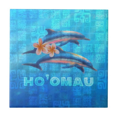 HOâOMAU Hawaiian Dolphins Primitive Collage Ceramic Tile
