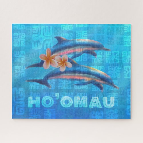 HOâOMAU Hawaiian Dolphins Primitive Collage Jigsaw Puzzle