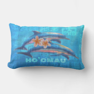 HO’OMAU Hawaiian Dolphins Primitive Collage Lumbar Pillow