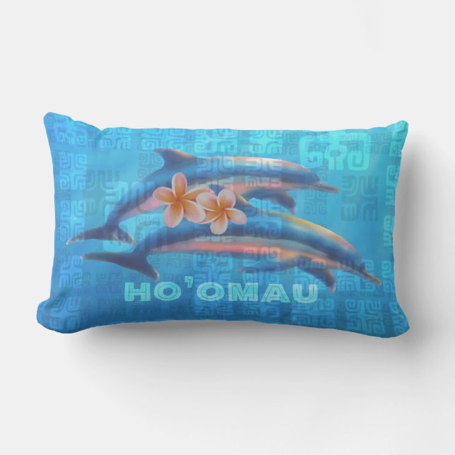 HO’OMAU Hawaiian Dolphins Primitive Collage Lumbar Pillow (Front)