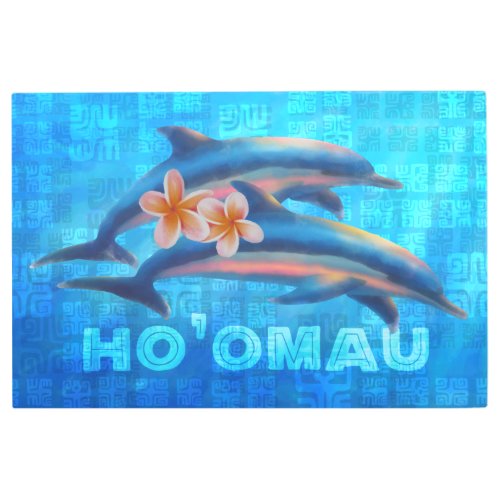 HOâOMAU Hawaiian Dolphins Primitive Collage Metal Print
