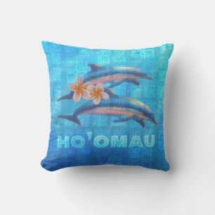 HO’OMAU Hawaiian Dolphins Primitive Collage Outdoor Pillow