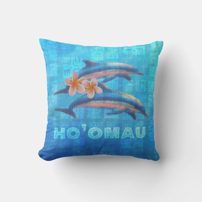 HO’OMAU Hawaiian Dolphins Primitive Collage Outdoor Pillow (Front)