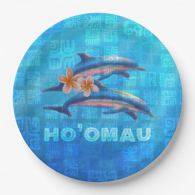 HO’OMAU Hawaiian Dolphins Primitive Collage Paper Plates (Front)