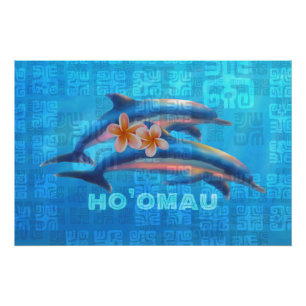 HO’OMAU Hawaiian Dolphins Primitive Collage Poster