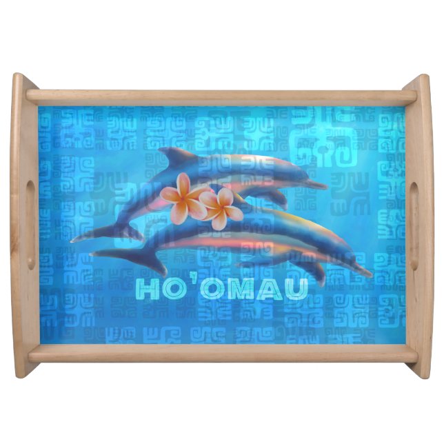 HO’OMAU Hawaiian Dolphins Primitive Collage Serving Tray (Front)
