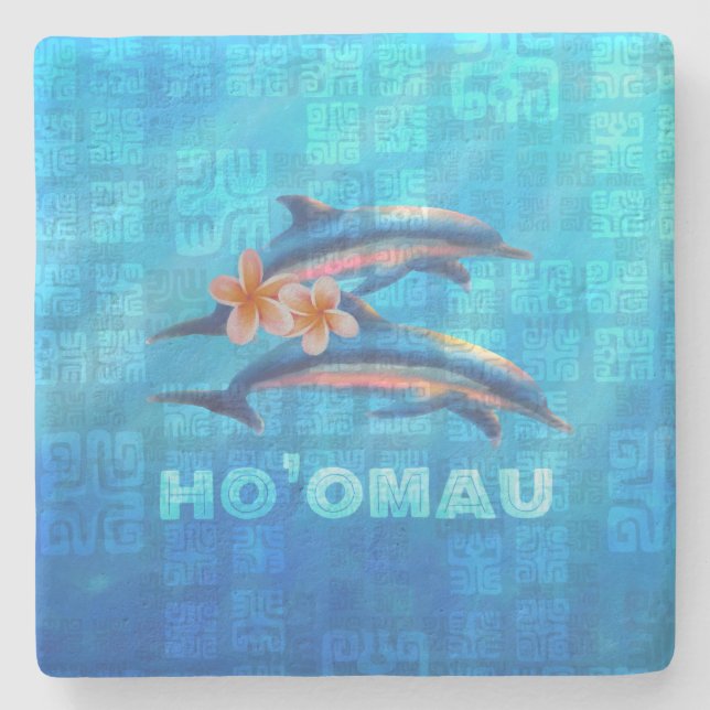 HO’OMAU Hawaiian Dolphins Primitive Collage Stone Coaster (Front)