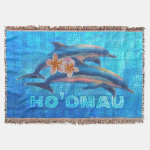 HOâOMAU Hawaiian Dolphins Primitive Collage Throw Blanket