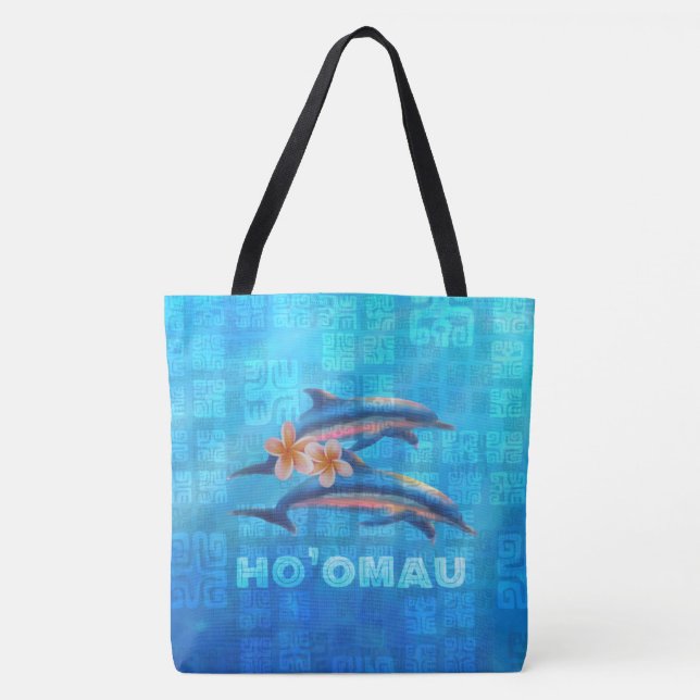 HO’OMAU Hawaiian Dolphins Primitive Collage Tote Bag (Front)