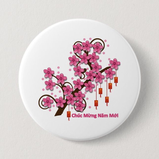 Hoa Dao Happy New Year Pinback Button (Front)