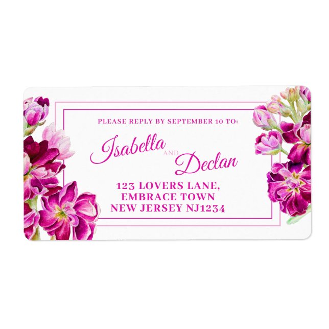 Hoary stock dark pink flower wedding reply label (Front)