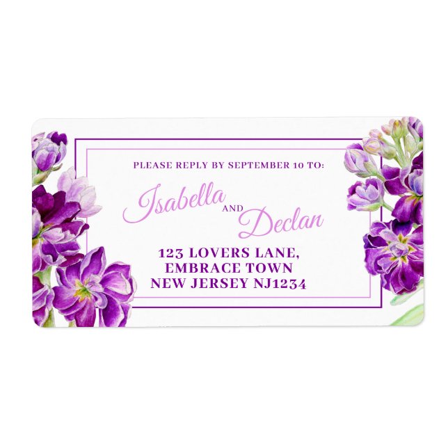 Hoary stock purple flower wedding reply address label (Front)