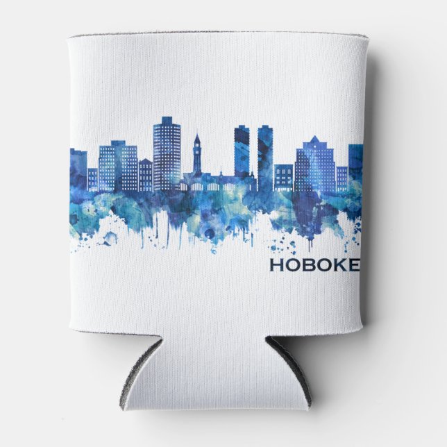 Hoboken New Jersey Skyline Blue Can Cooler (Front)