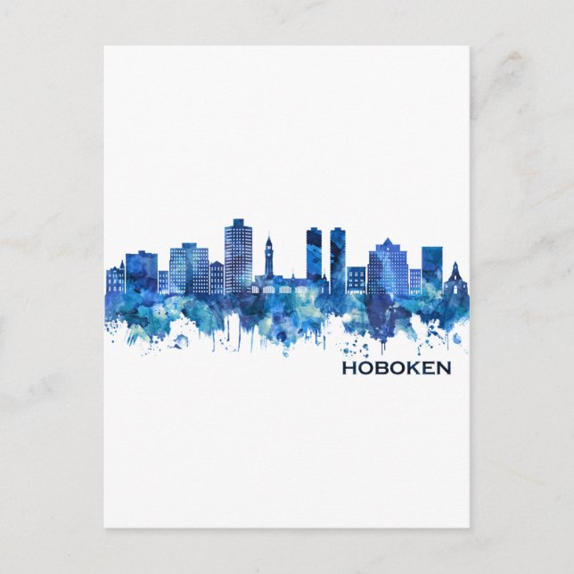 Hoboken New Jersey Skyline Blue Holiday Postcard (Front)