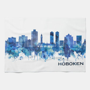 Hoboken New Jersey Skyline Blue Kitchen Towel