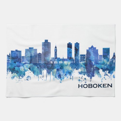 Hoboken New Jersey Skyline Blue Kitchen Towel