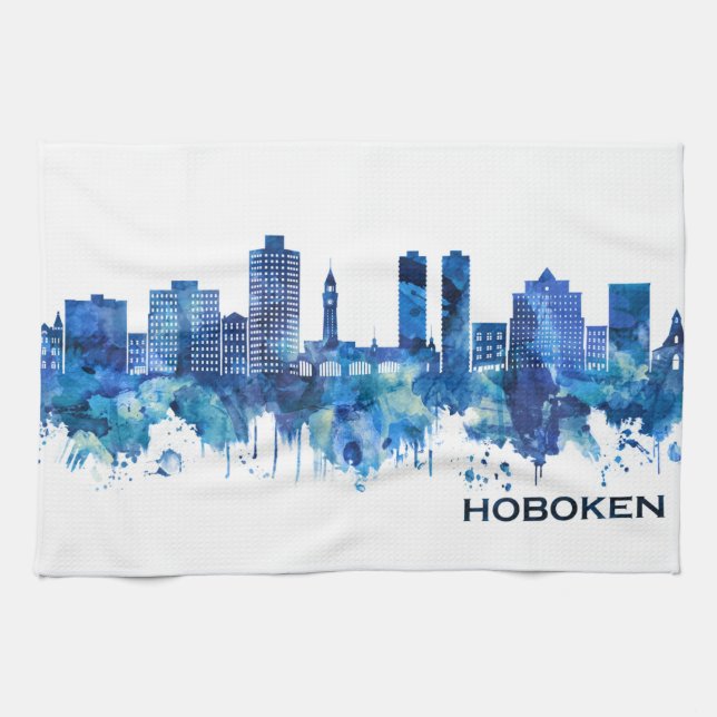 Hoboken New Jersey Skyline Blue Kitchen Towel (Horizontal)