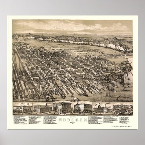 Hoboken NJ Panoramic Map _ 1881 Poster